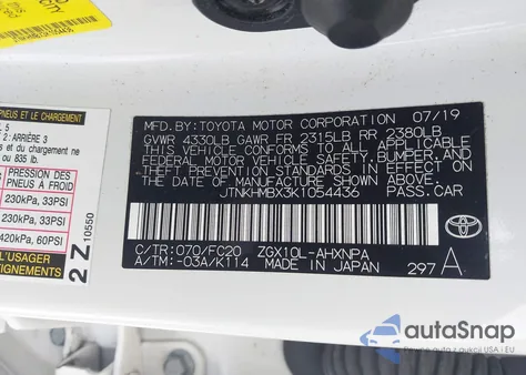 2019 Toyota C-Hr Le из США, поврежденный, VIN JTNKHMBX3K1054436